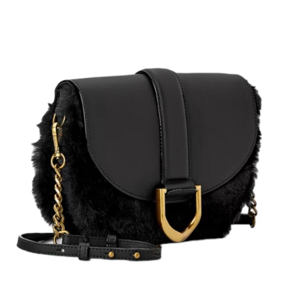 SCOOP BLACK FAUX FUR CROSSBODY GOLD TONE HARDWARE